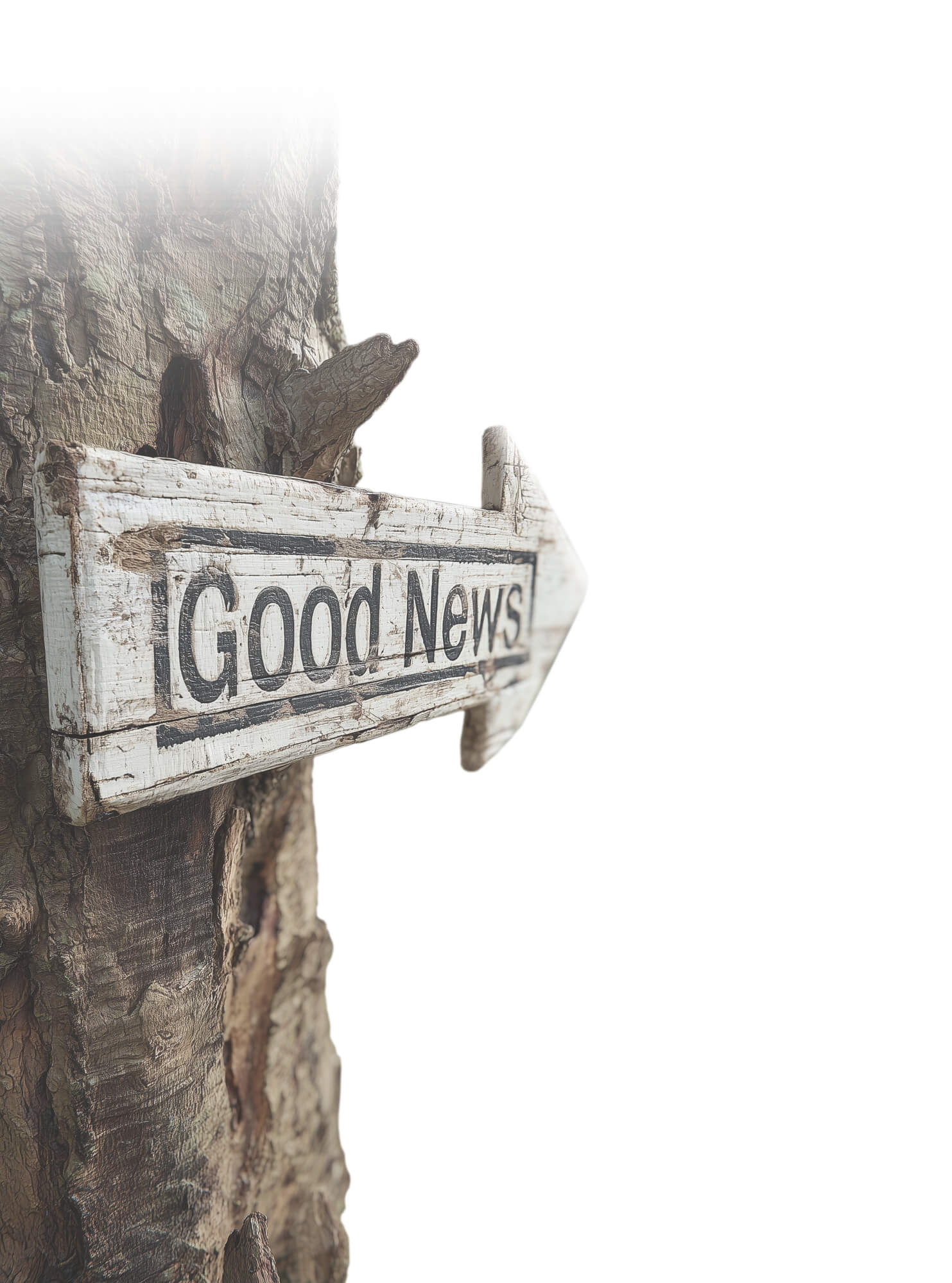 Ein Baum mit einem Wegweiser, auf dem Good News steht